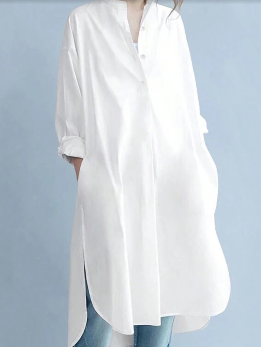 NEW -No Tags White Button-Up Shirt Top Dress. Shirttail Hem. Sz. 8/10 Pockets.
